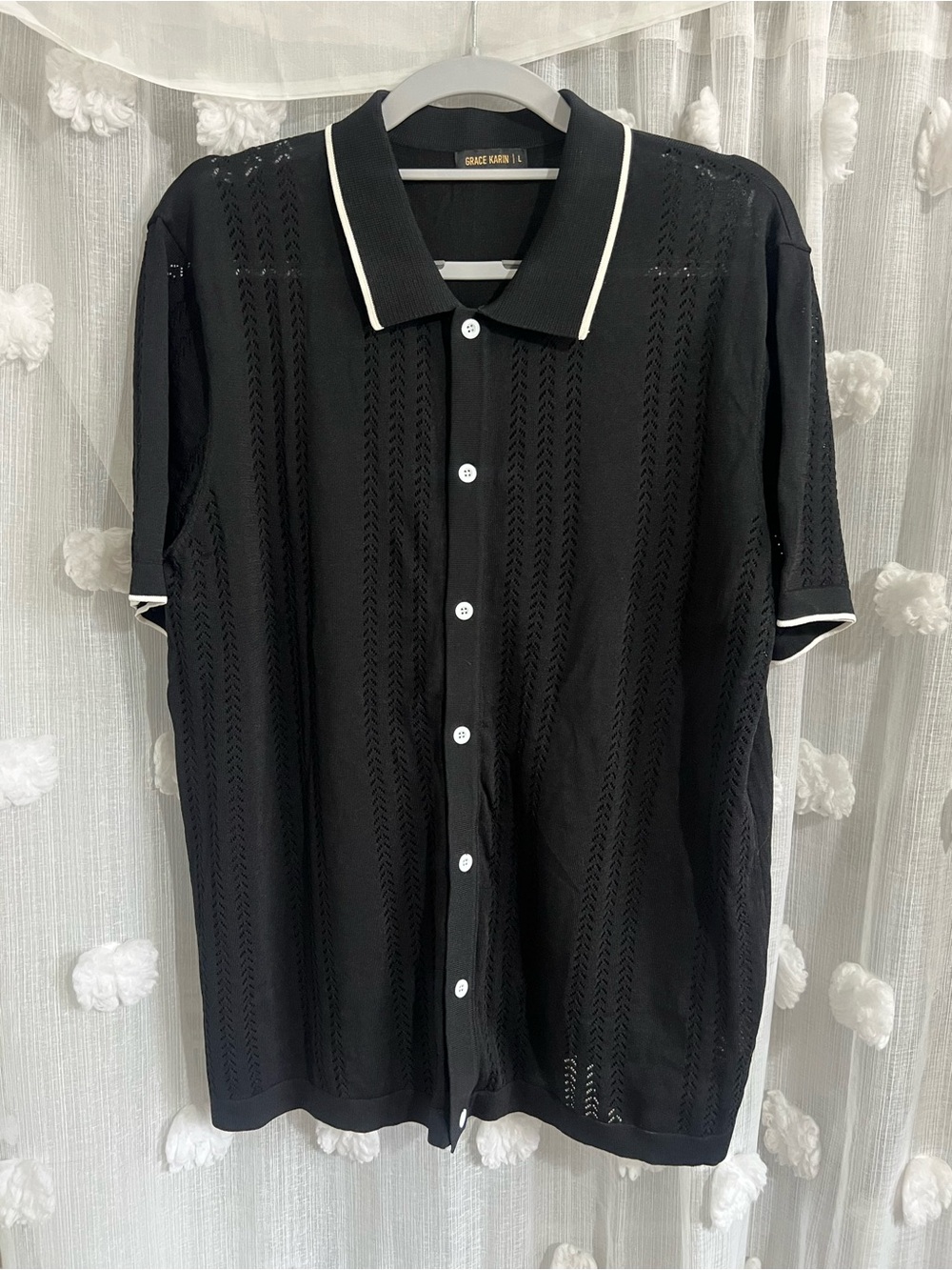 Grace Karin Black Knit Polo Shirt with Contrast Trim